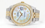 Womens Diamond Iced Out Rolex Datejust 25 Carats Of Diamonds Mother Of Pearl Dial Replica