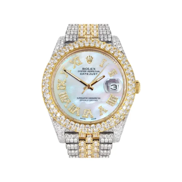 Womens Diamond Iced Out Rolex Datejust 25 Carats Of Diamonds Mother Of Pearl Dial Replica