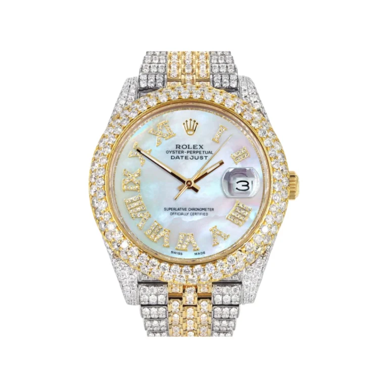 Womens Diamond Iced Out Rolex Datejust 25 Carats Of Diamonds Mother Of Pearl Dial Replica