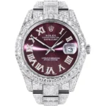 Womens Diamond Iced Out Rolex Datejust 25 Carats Of Diamonds Purple Roman Numeral Dial Two Row Oyster Band Replica