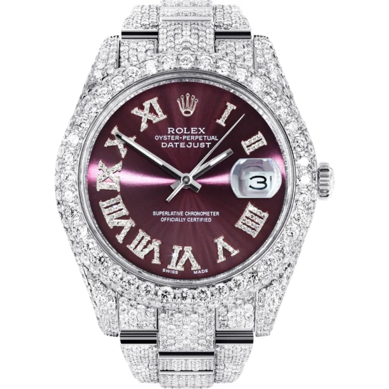 Womens Diamond Iced Out Rolex Datejust 25 Carats Of Diamonds Purple Roman Numeral Dial Two Row Oyster Band Replica