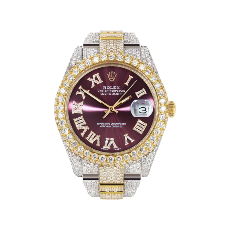 Womens Diamond Iced Out Rolex Datejust 25 Carats Of Diamonds Purple Roman Numeral Dial Two Tone Two Row Replica