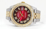 Womens Diamond Iced Out Rolex Datejust 25 Carats Of Diamonds Red Black Dial Two Tone Two Row Replica