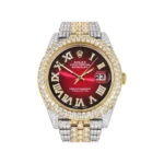 Womens Diamond Iced Out Rolex Datejust 25 Carats Of Diamonds Red Black Dial Two Tone Two Row Replica