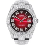 Womens Diamond Iced Out Rolex Datejust 25 Carats Of Diamonds Red Black Roman Numeral Dial Two Row Oyster Band Replica