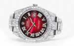 Womens Diamond Iced Out Rolex Datejust 25 Carats Of Diamonds Red Black Roman Numeral Dial Two Row Oyster Band Replica