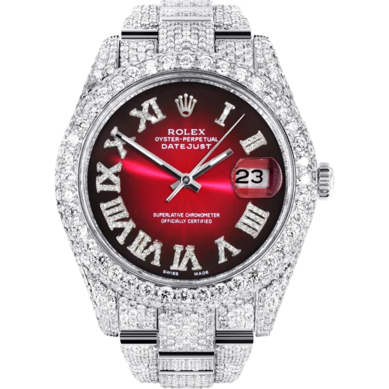 Womens Diamond Iced Out Rolex Datejust 25 Carats Of Diamonds Red Black Roman Numeral Dial Two Row Oyster Band Replica