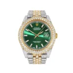 Womens Diamond Iced Out Rolex Datejust 41 25 Carats Of Diamonds Custom Green Diamond Dial Two Tone Two Row Replica