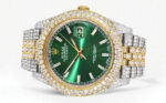 Womens Diamond Iced Out Rolex Datejust 41 25 Carats Of Diamonds Custom Green Diamond Dial Two Tone Two Row Replica