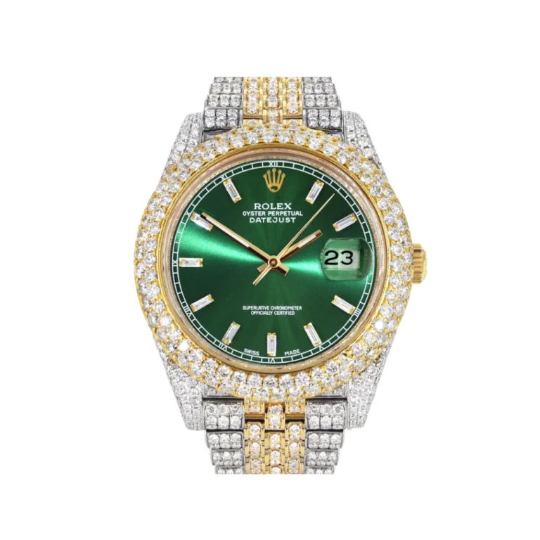 Womens Diamond Iced Out Rolex Datejust 41 25 Carats Of Diamonds Custom Green Diamond Dial Two Tone Two Row Replica