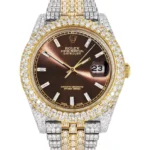 Womens Diamond Iced Out Rolex Datejust 41 25 Carats Of Diamonds Custom Morocco Brown Dial Two Tone Two Row Replica