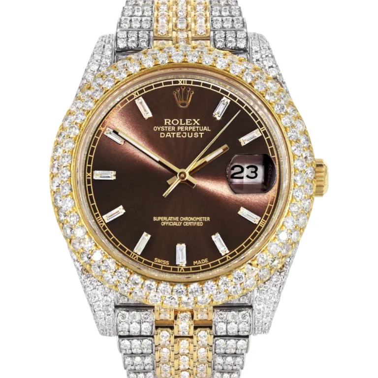 Womens Diamond Iced Out Rolex Datejust 41 25 Carats Of Diamonds Custom Morocco Brown Dial Two Tone Two Row Replica