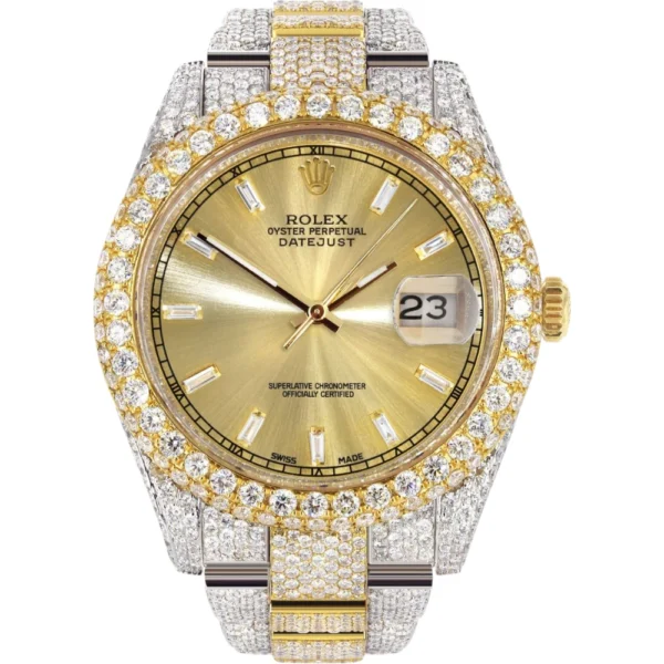 Womens Diamond Iced Out Rolex Datejust 41 25 Carats Of Diamonds Gold Diamond Dial Two Tone Two Row Oyster Band Replica