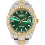 Womens Diamond Iced Out Rolex Datejust 41 25 Carats Of Diamonds Green Diamond Dial Two Tone Two Row Oyster Band Replica