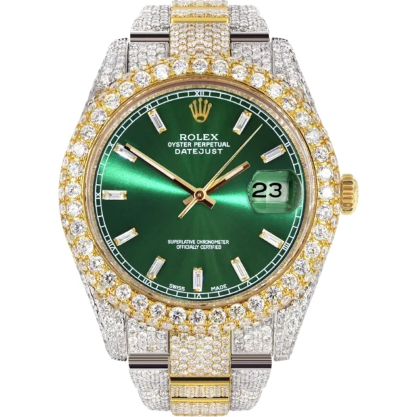 Womens Diamond Iced Out Rolex Datejust 41 25 Carats Of Diamonds Green Diamond Dial Two Tone Two Row Oyster Band Replica