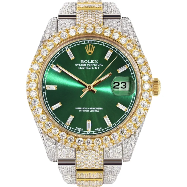 Womens Diamond Iced Out Rolex Datejust 41 25 Carats Of Diamonds Green Diamond Dial Two Tone Two Row Oyster Band Replica