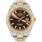 Womens Diamond Iced Out Rolex Datejust 41 25 Carats Of Diamonds Morocco Brown Dial Two Tone Two Row Replica