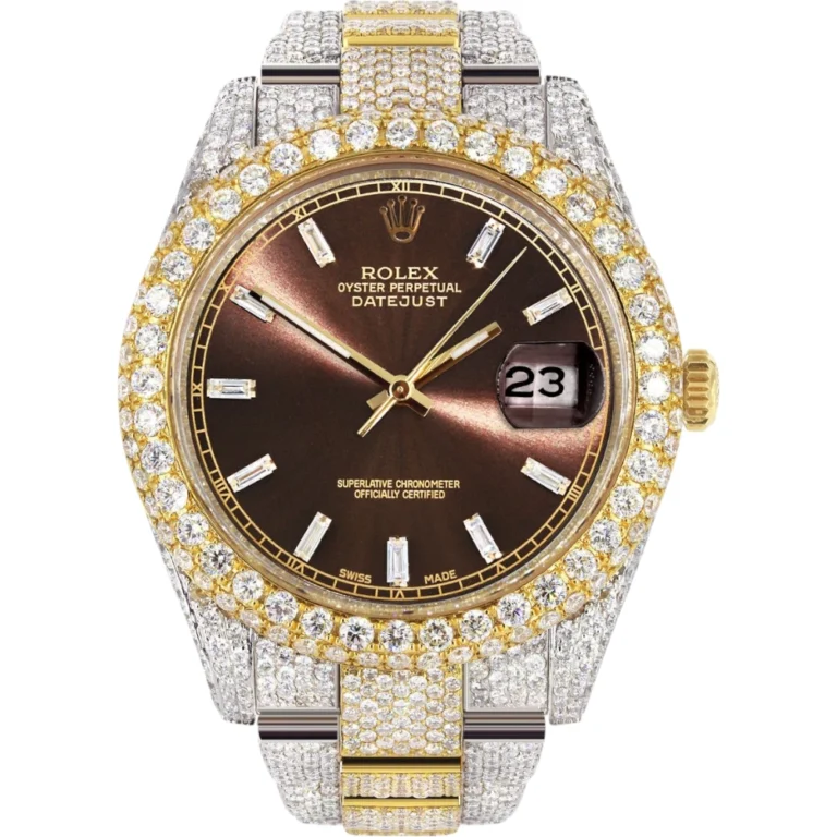 Womens Diamond Iced Out Rolex Datejust 41 25 Carats Of Diamonds Morocco Brown Dial Two Tone Two Row Replica